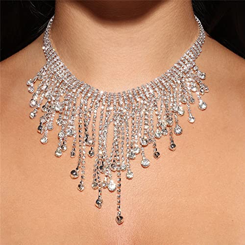 YERTTER Sparkle Silver Full Tennis Rhinestone Fringe Chain Adjustable Collar Luxury Tassel Crystal Statement Clavicle Choker Necklace for Wedding Women (Silver 3)3