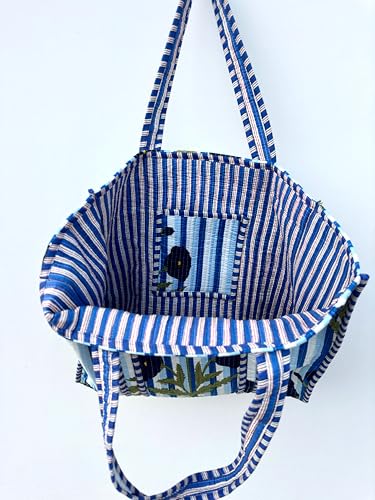 Image of Quilted Cotton Handprinted Reversible Large multicolor Floral Tote Bag,Hand Block Print Shopping Shoulder Carry Bag