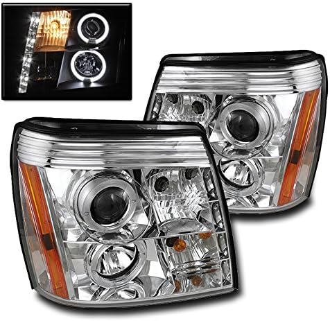 Dual LED Halo Projector Headlights Headlamps Chrome Compatible with 2002-2006 Escalade [Fit Factory HID Headlights Only]