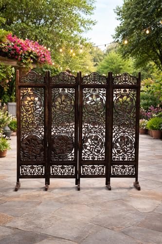 Image of Wooden Room Divider Decorative Foldable Privacy Screen Hand Carved Partition for Living Room Bedroom Office Decor (6 Feet 4 Panel Brown with Stand Each Panel Size 72X20 Inch)