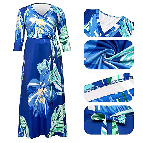 Image of Runwind Plus Size Dresses for Women Floral Maxi Dress Flowy 3 /4 Sleeve with Belt
