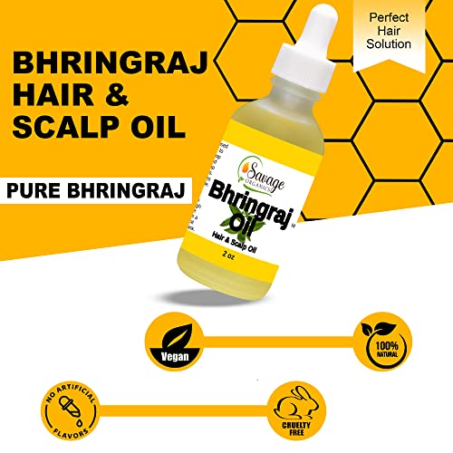 Savage Organics Bhringraj Oil - 100% Natural Bhringraj Hair Oil For Strong & Healthy Hair – Conditions, Promotes Growth & Helps Prevent Hair Fall - Glass Bottle (2 Oz) #TOP1