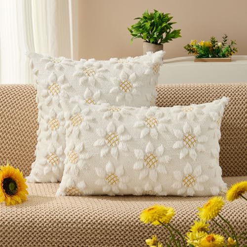 Image of DFXSZ Spring Summer Pillow Covers 12x20 inch Set of 2 White Sunflower | Farmhouse Decor Soft Plush Faux Fur Jacquard Throw Pillow Covers|For Spring Holiday Sofa Home Decor
