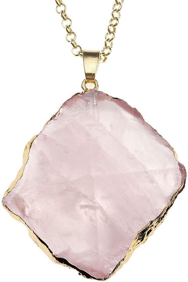 Top Plaza Natural Gemstone Rose Quartz Healing Crystal Stone Irregular Shape Pendant Necklace(Golden Case)