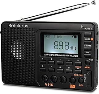 Retekess V115 Digital Radio AM FM, Portable Shortwave Radios, Rechargeable Radio Digital Tuner and Presets, Support Micro SD and AUX Record, Bass Speaker