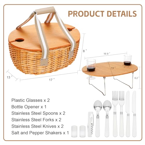 STBoo Picnic Basket for 2 - Wicker Picnic Set with Wine Table | Willow Basket Kit with Insulated Cooler Bag for Camping, Outdoor, Christmas, Party(Beige) - Thumbnail 3