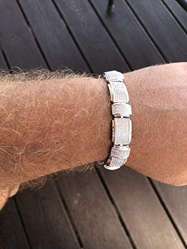 Solid 925 Sterling Silver Men's Custom Link Bracelet - Iced Flooded Out Micropave Cz - Super Icy Unique Handmade Mens Hip Hop Bracelet 8.5" #TOP5