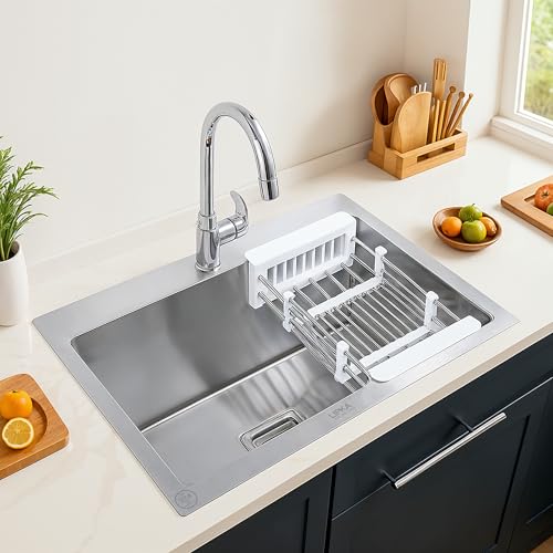 LIPKA Single Bowl Handmade Kitchen Sink with Tap Hole | 24 x 18 x 10 inches | 304 Grade Stainless Steel | Sink for Kitchen | Matte Finish | Including- Basket/Sink Coupling/Waste Pipe -TAP NOT INCLUDED