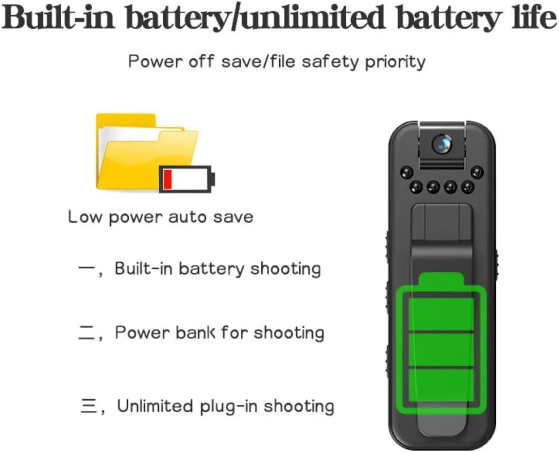 MD13 Mini Camera battery charging options: low power auto save, built-in battery shooting, power bank shooting, unlimited plug-in shooting.