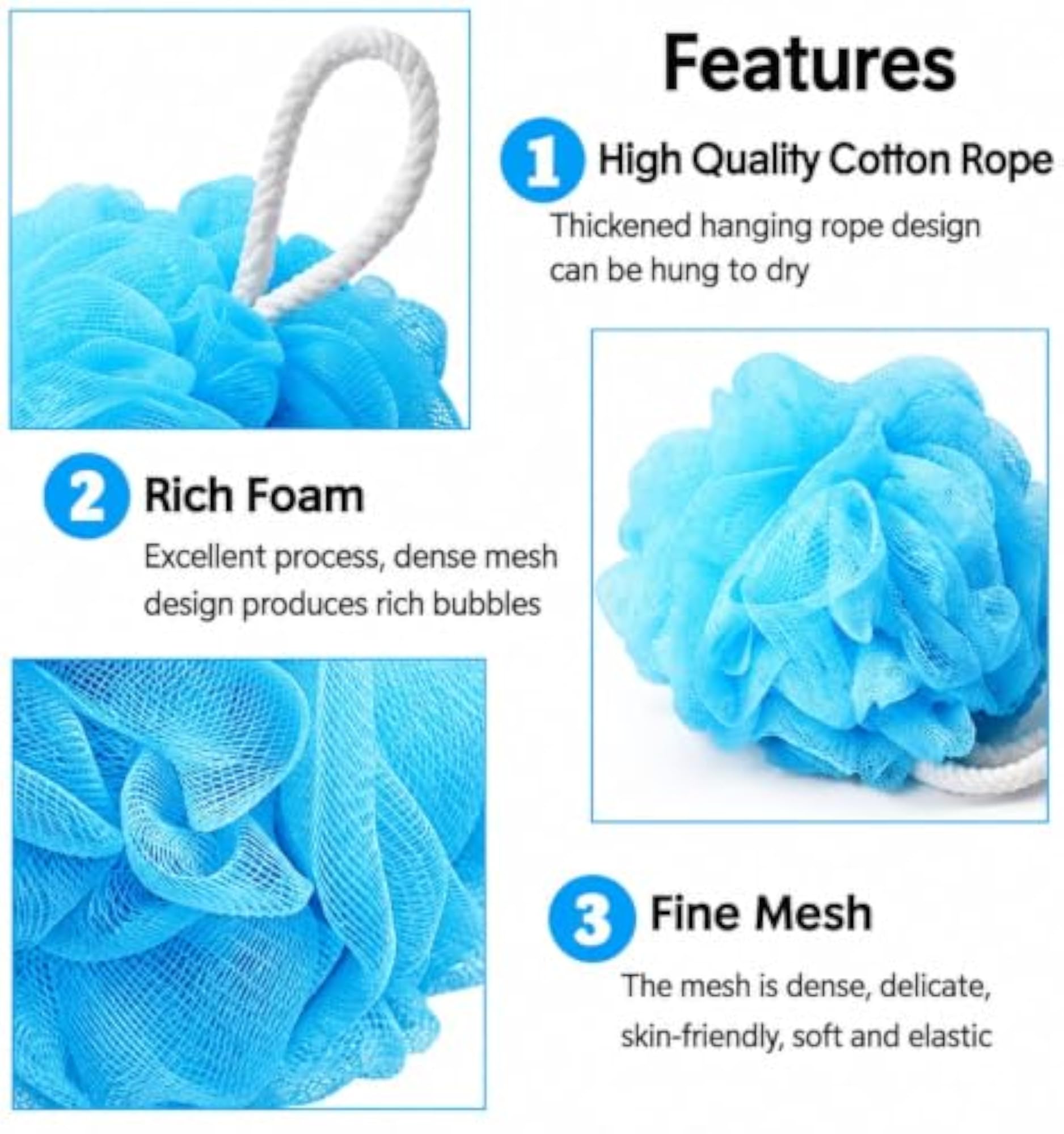 Luxury 5 Pcs Multicolor Bath Loofah Set, Soft Mesh Scrubber