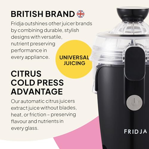 Fridja f800 Automatic Citrus Juicer Machine - Premium One-Touch, No Spills or Splashes, Easy to Clean, Stainless Steel, Black, Quiet Motor, 50W, 400ml - Ideal for Oranges, Lemons, Limes & Grapefruits