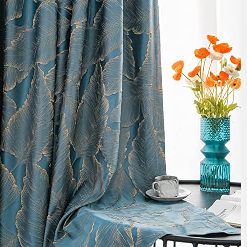 JESSANS Luxury Curtains Blue Jacquard Drapes 3D Gold Leaf High Precision Curtains for Living Room 2 Panels for Bedroom Grommet Top (Blue, 54 * 96)