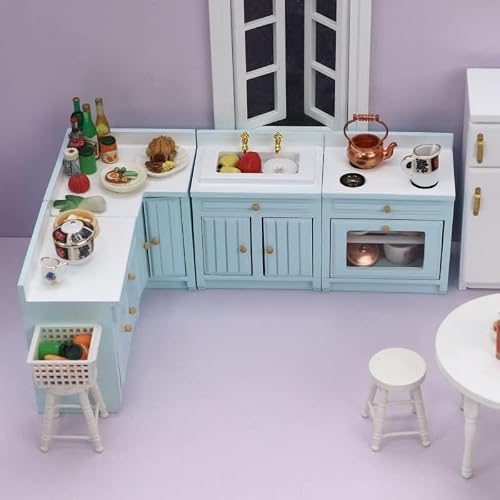 SXFSE Dollhouse Decoration Accessories, 1:12 Dollhouse Miniature 4 Pcs Wooden Kitchen Stove Sink Cabinet Set