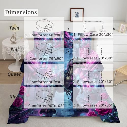 Image of Cyber City Dinosaur Comforter Set Queen Size Neon Rose Dino Bedding Sets for Kids Teens Boys Girls Bedroom Pink Blue T-Rex Animal Quilt 1 Comforter 2 Pillowcases
