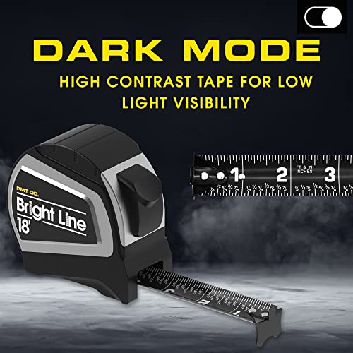 Perfect Measuring Tape - Brightline High Contrast Dark Mode Easy Read Tape Measure For Low Light Visibility - Heavy Duty Rubber Case 18Ft (Inch Fractions) Dual Sided Auto Lock Tape Measure Retractable #TOP1