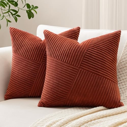 Sungeek Juego de 2 Fundas de Cojínes de Pana Suave 40x40 cm Fundas de Almohada Decorativas con Patchwork de Molinillos a Rayas Funda Cojines para Sofá Cama Dormitorio Sala de Estar, Óxido Oscuro