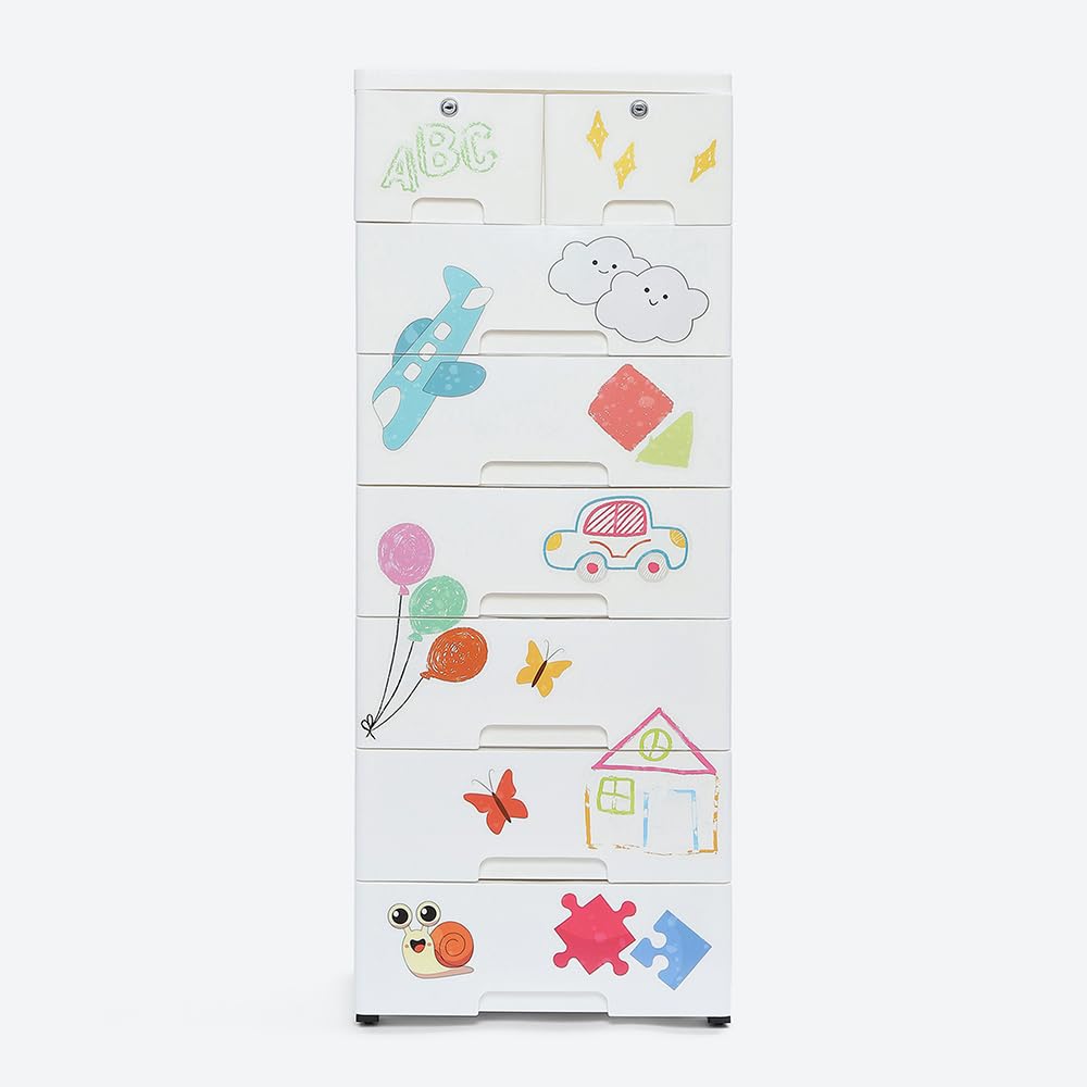 The Tickle Toe Plastic Chest of 8 Drawers for Kids | Multipurpose Organizer & Kids Wardrobe with 2 Locks | Glossy Dresser for Clothes & Toys | 44Lx28.5Wx114H cm | White 4
