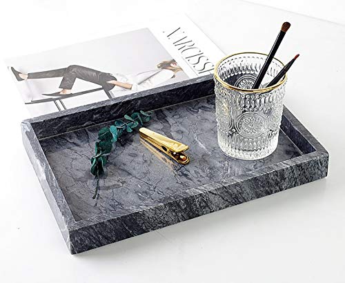 Noble Natural Marble Tray For Desktop/Kitchen/Vanity/Bathroom, Stone Organizer Tray For Coffee Table, Plate Holder For Tissues, Candles, Soap, Towel, Plant (Bright Black, Large 12“ X 8”) #TOP3