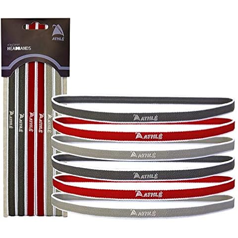 Athlé Skinny Sports Headbands 6 Pack - Men’s and Women’s Elastic Hair Bands with Non Slip Silicone Grip - Lightweight and Comfortable Sweatbands Keep You Cool and Dry - Red, Dark and Light Grey Cover