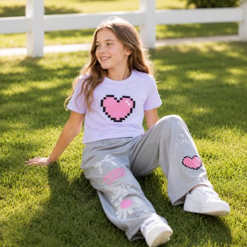 Image of Girls Clothes 2 Piece Cute Pixel Heart-Print Top Graffiti-Print Pants Sets | Trendy Y2K Inspired Outfit with Fitted Top and Wide Leg Bottoms, Casual Streetwear for Teens Girls 7-14Y