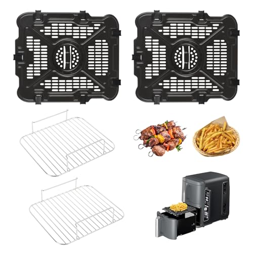 Ninja Air Fryer Pan Set, 2 Pack Grill Rack & Tray Compatibility with Ninja SL401 Double Stack Air Fryer, Non-Stick, Dishwasher Safe, Ninja Replacement Parts