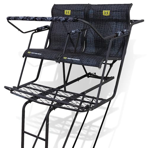 Hawk Big Denali 2 Man Climbing Tree Stand, 18 Foot Deer Hunting Ladderstand with Kick Out Footrests and Extra Large MeshComfort Seats