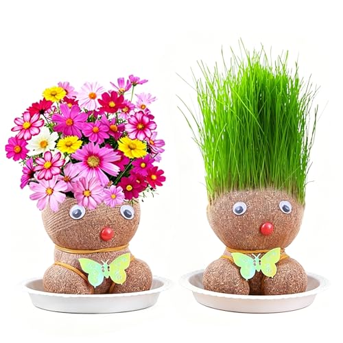 Galenecx 2 Piezas Planta de Muñeca con Cabeza de Hierba,Macetas Bonsai Mini