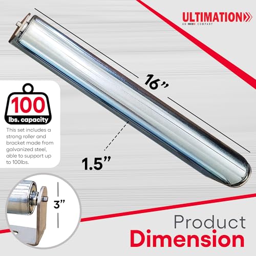 Ultimation Pack of 2 | 16" Long Roller & Bracket Set |1.5" Diameter | Galvanized Steel | Industrial Use | Easy Install | Reliable & Sturdy for Your Conveyor Needs | Can Be Used As Kayak Roller Loaders