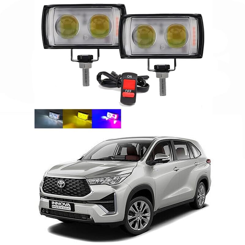 ZIMBER Ultra Mini Double Lens Fog Light with yellow & White Fleshing Light Reflection 12-24 V, 45W For Toyota Innova Hycross (Pack of 2, RED & Blue DRL) (Jet Black)