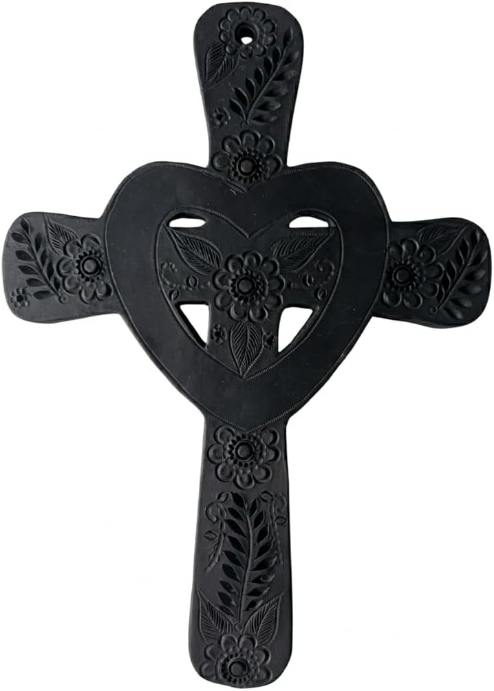 Handmade Mexican Black Clay Wall Cross – Christian Religious Decor – Rustic Artisan Cross from Oaxaca – Spiritual Home Accent – 7 x 10 Inch (Heart)