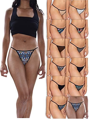 Sexy Basics Womens Buttery Soft String Bikini Briefs -Pack of 12 (12 Pack - Tribal Prints & Solids, Small)