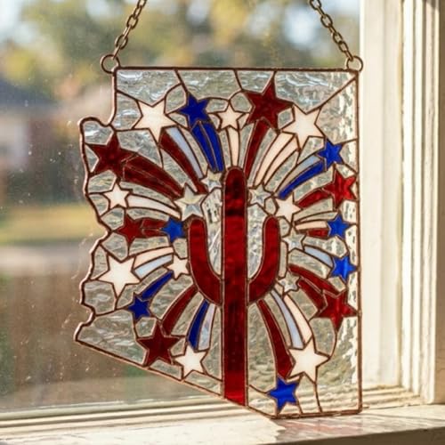 Arizona Stained Glass Suncatcher, Patriotic Saguaro Cactus Window Hanging, Red