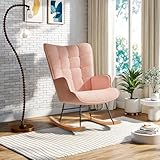 Lodera - Silla mecedora, silla mecedora, silla de lactancia en tejido Teddy Beige, respaldo tapizado, patas de madera maciza, para salón, dormitorio o balcón (rosa)
