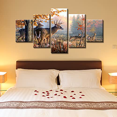 Deer Canvas Wall Art Rustic Moose Fall Landscape Painting Hunting Animal Theme Picture Decor For Home Bathroom Living Room Bedroom Log Cabin Office, Ready To Hang, 60" W X 32" H, 5 Pieces #TOP3