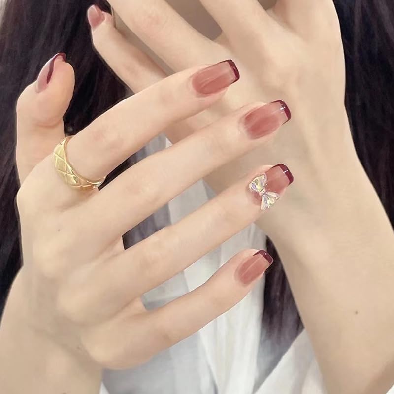 French Tip Short With Twinkling Rhinestone Bow Nails | Artificial Nail Extension | Long Lasting Glossy Finish | 24 Pcs Set Trendy Nail Art Set For Salon Look At Home-image-14