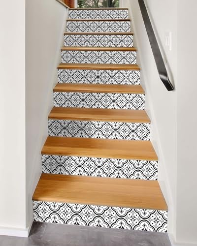 FLFK Black Patterns Stair Stickers - Set of 15, Peel and Stick Stair Riser Decals, 39.3"x7.08" - 4