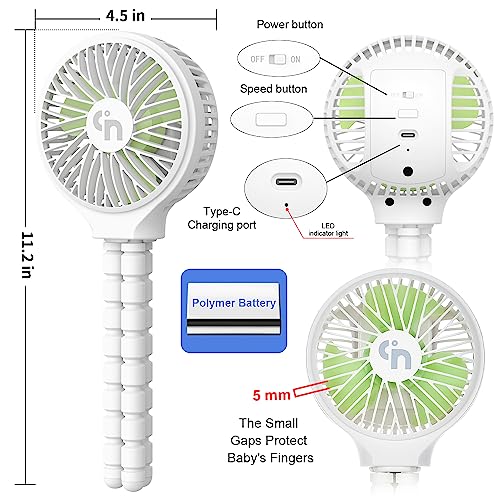 WiHoo Portable Stroller Fan, 11H Ultra-long Battery Life 3 Speed 360°Rotate, USB Rechargeable or Battery Operated Cooling Clip On for Baby Crib Travel Car Seat White