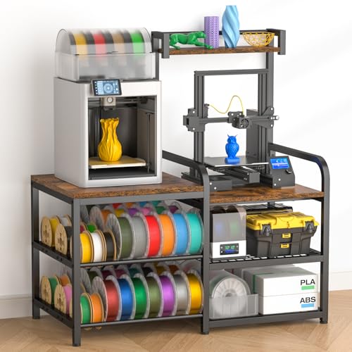 ikkle 3D-Druckertisch mit Filament Regal, Schwerlast Filament Halter für 3D-Drucker, Filament Trockner Filament Rack für PLA/ABS/TPU/Nylon, Organizer für Druckstation und Büro, Braun