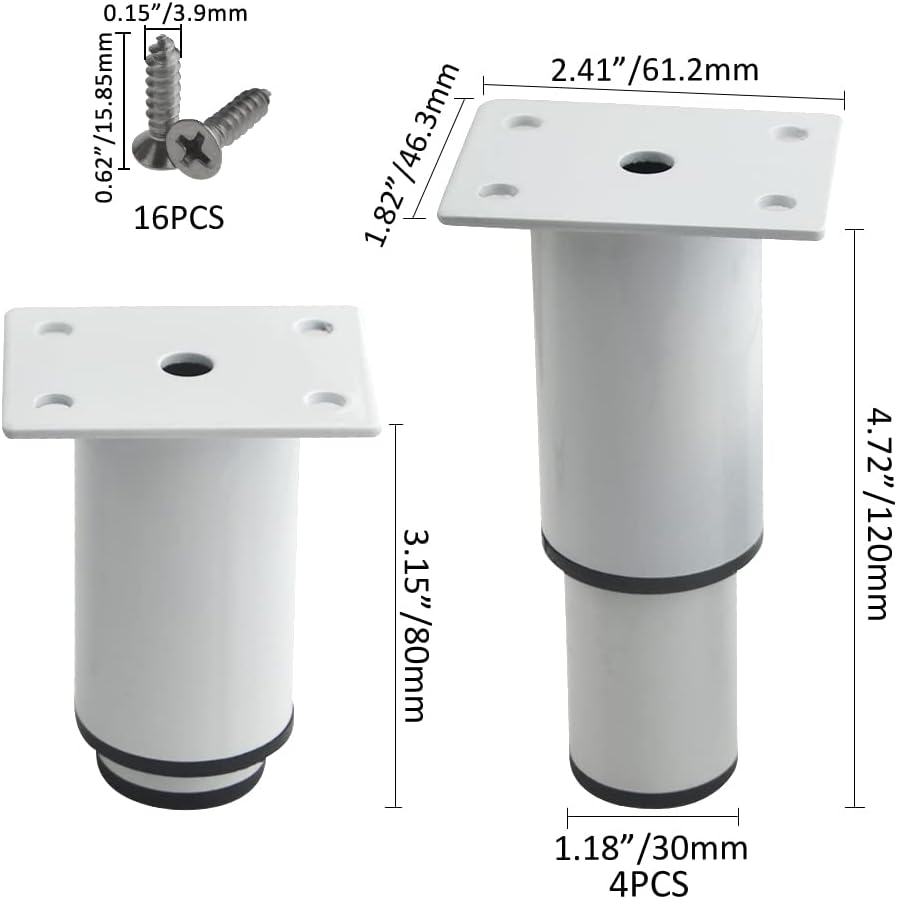 8Pack Metal Adjustable Furniture Legs Cabinet Foot Legs Heavy Duty Bed Center Frame Slat Support Leg for Table Bed Sofa (3’’/80mm-4.7’’/120mm, White)
