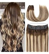 Hair Extensions 14 Inch Hair Extensions Real Human Hair Chocolate Brown with Golden Blonde Straig...