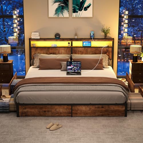 Image of King Size Bed Frame with 4 Storage Drawers, King Bed Frame,, Vintage Brown | LED Light, Charging Station, Wood Headboard, Metal Platform, No Box Spring Needed, Noise Free, Easy Assembly
