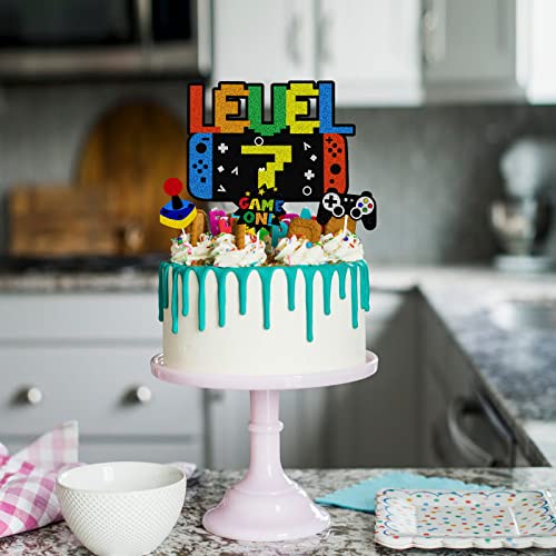 4Pcs Level 7 Birthday Cake Toppers - Colorful Glitter Video Game 7Th Birthday Cake Picks - Kid's Birthday Video Game Controller Cupcake Toppers Set - Game On Winner Party Decorations #TOP5