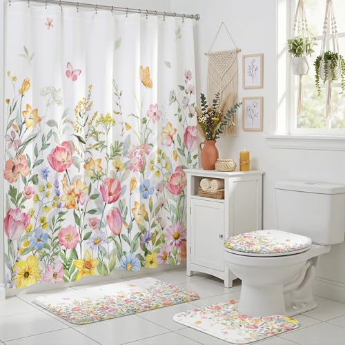 Floral Shower Curtain Set for Boho Floral Bathroom Decor Colorful