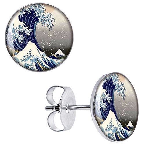 Boucles d'Oreilles Grande Vague Kanagawa et Mont Fuji Clous Japon puces montagne japonaise rondes peinture cadeau anniversaire st valentin homme femme bijou garçon fille fête mères mamans pères papas