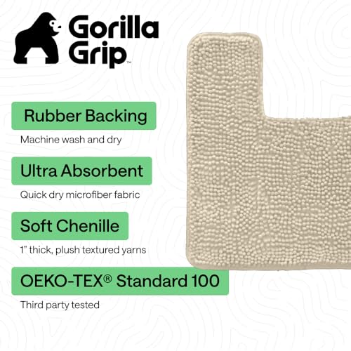 Image of GORILLA GRIP Plush Absorbent Shaggy Chenille Bath Rug Mat for Square Toilet Base with Rubber Backing, Machine Washable Rugs, Soft Microfiber Contour Mats for Toilets, Bathroom Decor, Sand