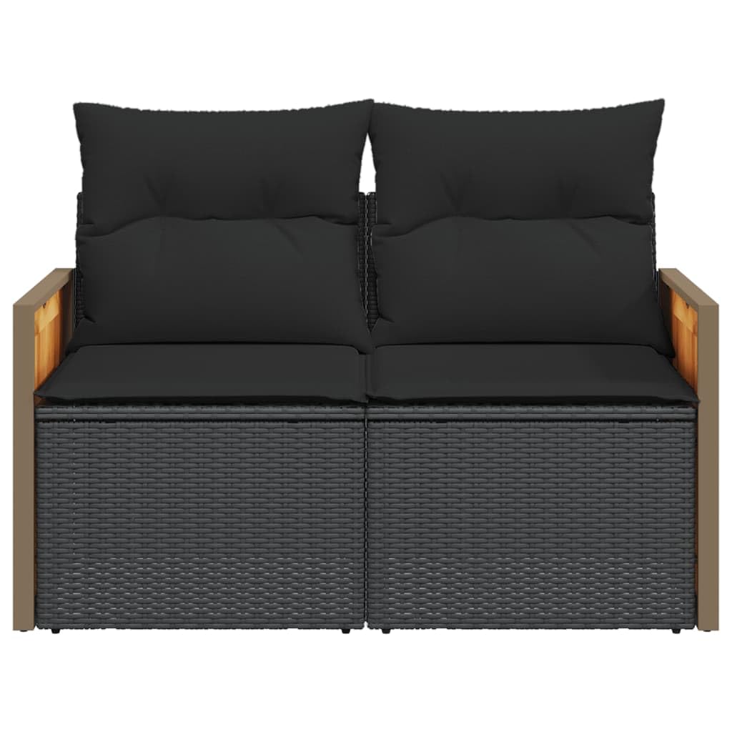 Divano da giardino a 2 posti, nero, in polyrattan con cuscino e schienale, resistente alle intemperie, per balcone, terrazza e giardino d'inverno