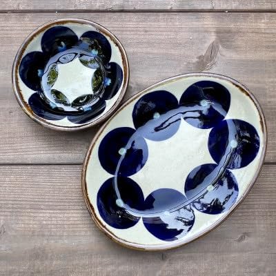 ヤチムン 青丸紋オーバル皿・小鉢 2枚セット エドメ陶房