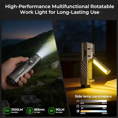 Image of Wurkkos HD05 Flat EDC Flashlight, 3100 Lumens 4-in-1 LED Rechargeable Flashlight with UV, Red Light & Foldable Rotatable Side Light, USB-C High Lumens Flashlights, IPX6 for Camping,Outdoor,Work