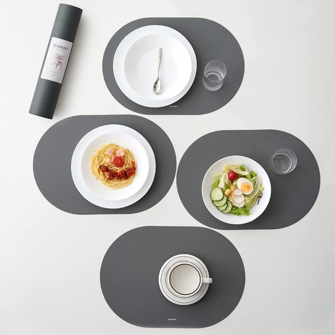 Grey Oval Silicone Placemats Set of 4  Heat Resistant, Waterproof, Easy to Clean Non-Slip Modern Dining Table Mats  Premium Leather Textured Japandi Kitchen Decor