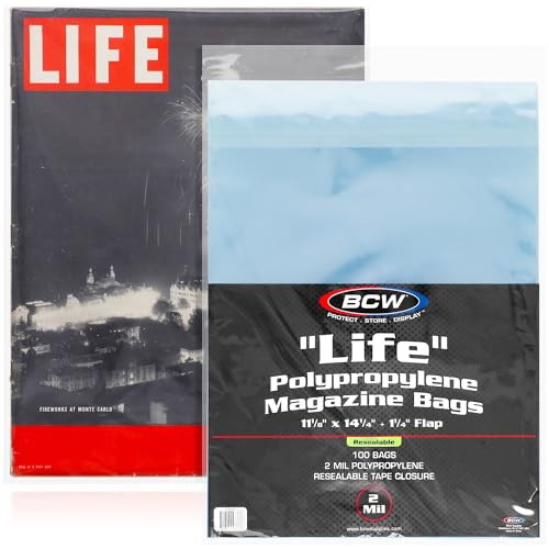 BCW Resealable Life Magazine Bags - 100 Pack | Crystal Clear Polypropylene | Archival Quality |Store Collectible Life Magazines | Exterior 11 1/8 x 14 1/4